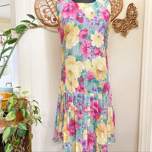 Vintage pleated dropwaist dress midi floral hippie flower power 60s 70s 80s VTG - Picture 10 of 14
